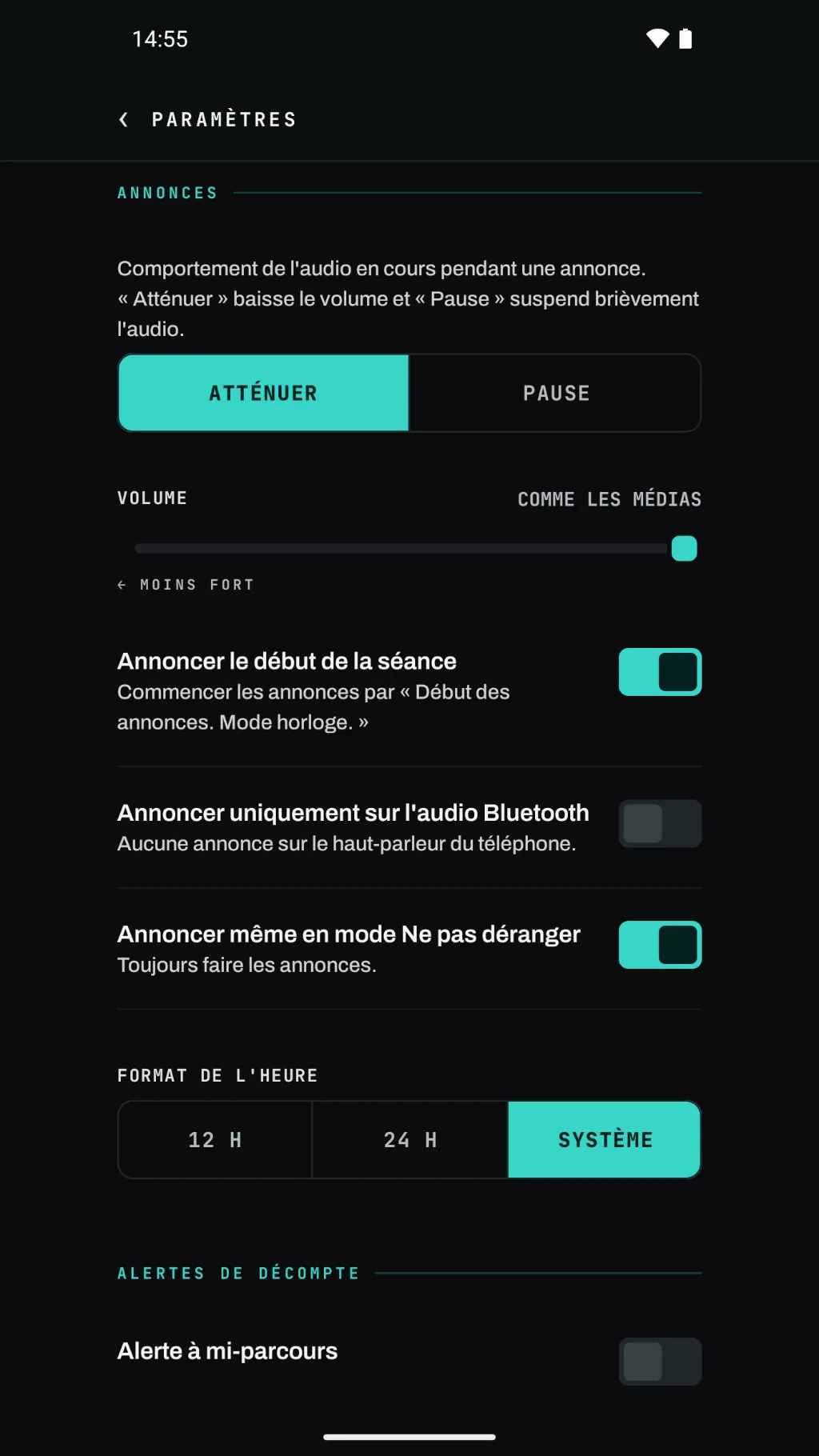 Paramètres des annonces : atténuer ou mettre en pause l'audio en cours, volume et mode Ne pas déranger