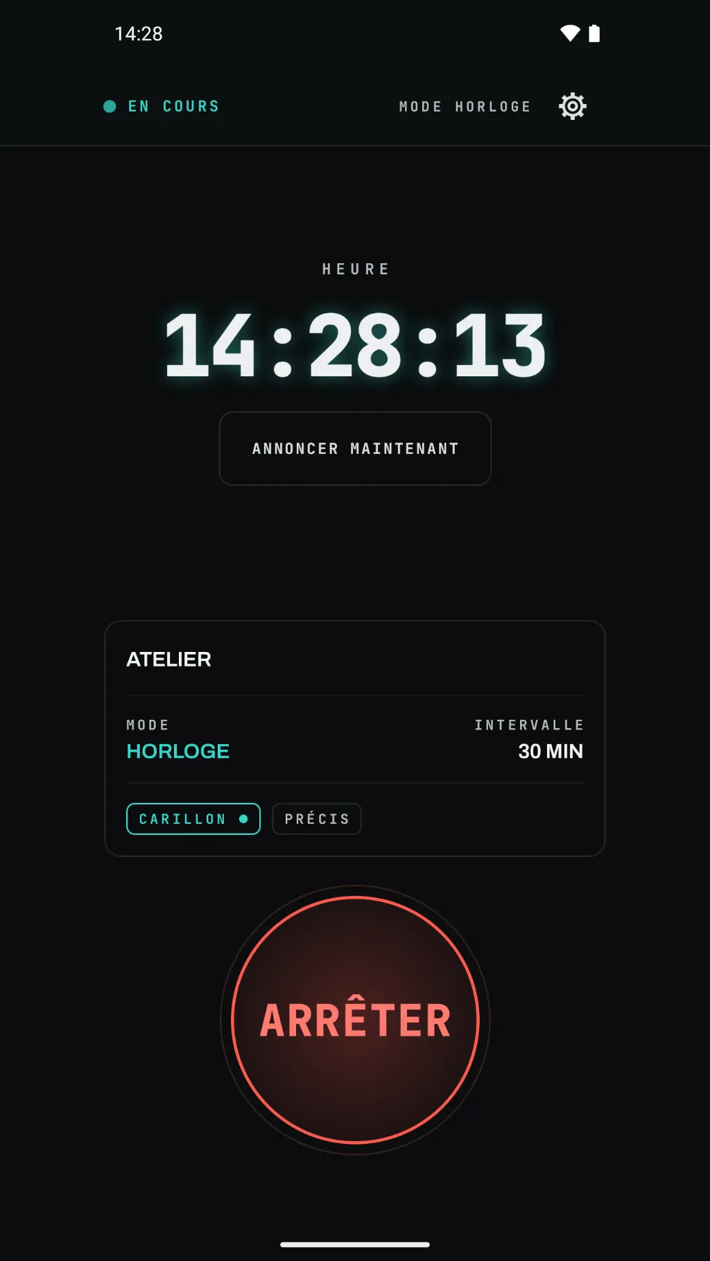 Écran d'accueil de Time Aloud pendant une séance : mode horloge, une annonce aux 30 minutes